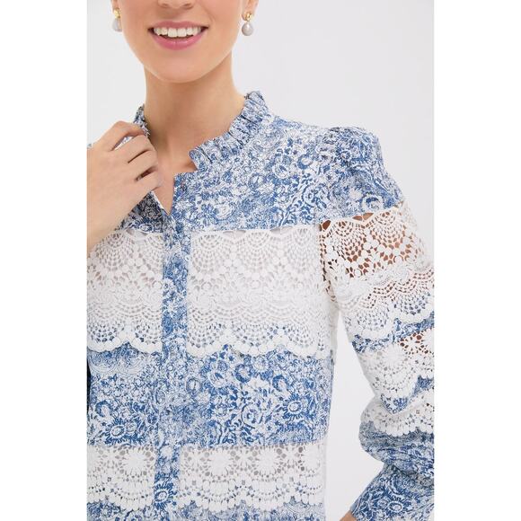 HYACINTH HOUSE Lace Trim Blue Etched Floral Emmie Mini Dress Size M NWT - Picture 6 of 8